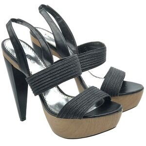 BEBE BLACK & TAN WOODEN PLATFORM SANDAL HIGH HEEL